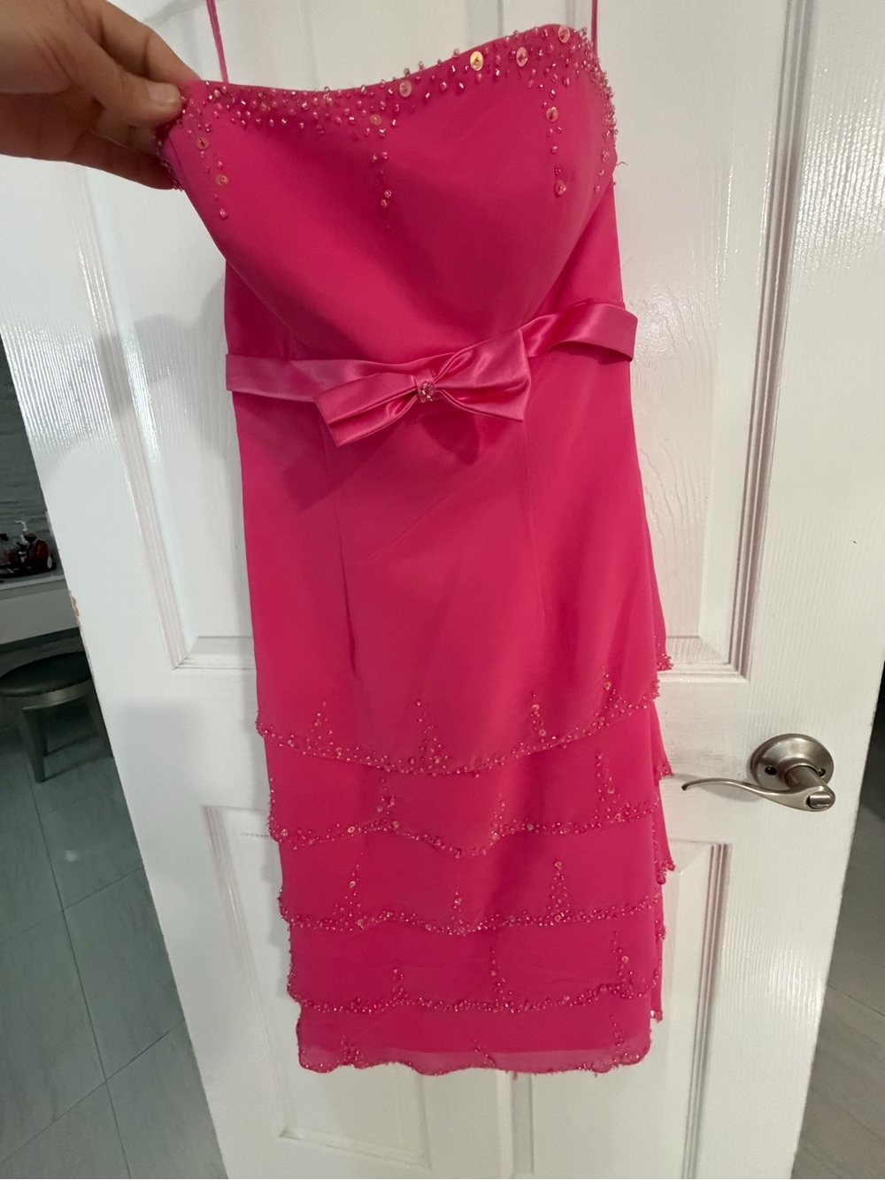 Strapless Beaded Bow-Accent Cocktail Dress - Hot Pink